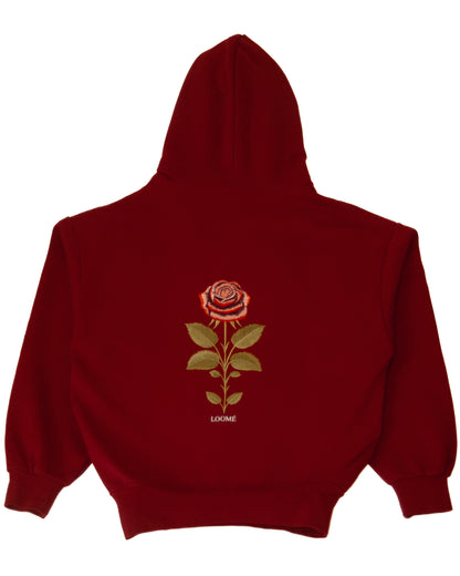 Back view of burgundy rose embroidered hoodie on white background